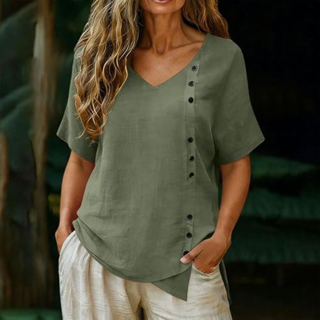 Top Camiseta Feminina Manga Curta Botões Gola V Algodão e Linho