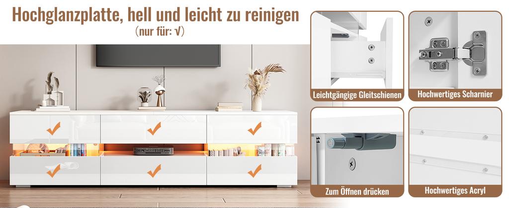 Moderner weißer High-Gloss TV-Schrank, 160x39x45 cm, LED-Beleuchtung, 2 Türen, 1 Schublade, Offenes Fach, 70-Zoll-Fernseher, Acrylglas-Einsatz, Push-to-Open