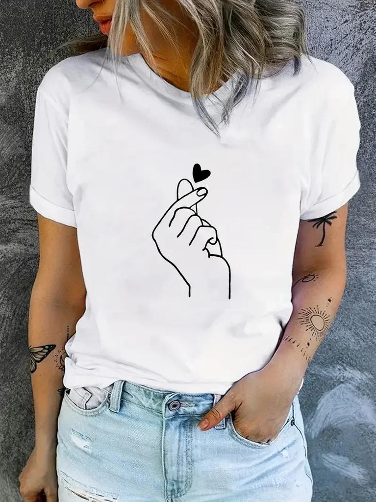 90s Finger Tshirt Heart Print Tshirt Short Sleeve Crew Neck Casual Top For Summer Spring Unisexs Clothing Top Tee