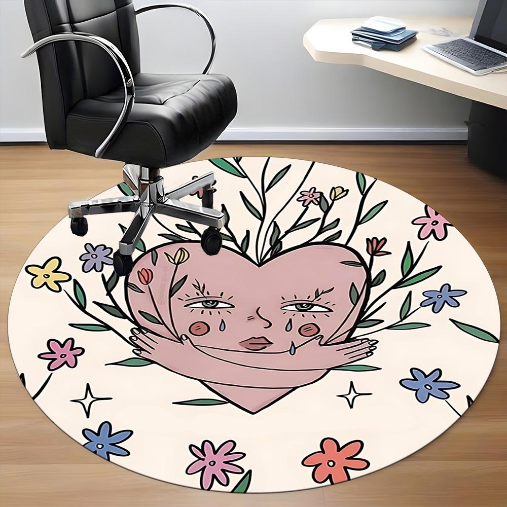 1pc Heart Flowers Office Round Area Rug,  Mat Suitable For Office, Under Office Chairs Bedroom Living Room Home Decor, Room Deco
