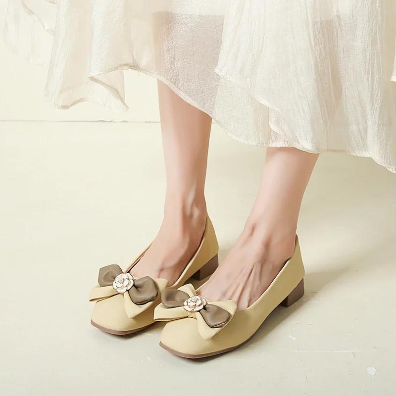 New Style Sweet Butterfly-knot Design Women Flat Solid Color Leather Woman Shoes Ladies Soft Sole Square Toe Slip-on Casual Shoe