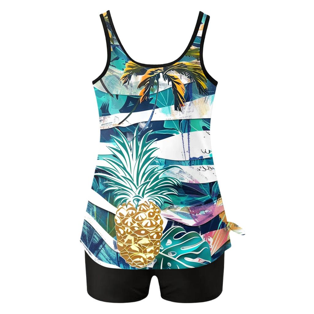 Women Tankini Set with Tropical Pineapple and Print Sleeveless Top and Swim Shorts for Beach Pool Wear