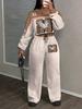 Tuta pantalone con maglione girocollo a fantasia stampata con lettere da donna, nuova tendenza autunno e inverno, tuta casual alla moda
