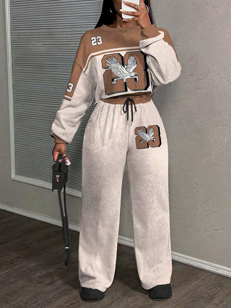 Tuta pantalone con maglione girocollo a fantasia stampata con lettere da donna, nuova tendenza autunno e inverno, tuta casual alla moda