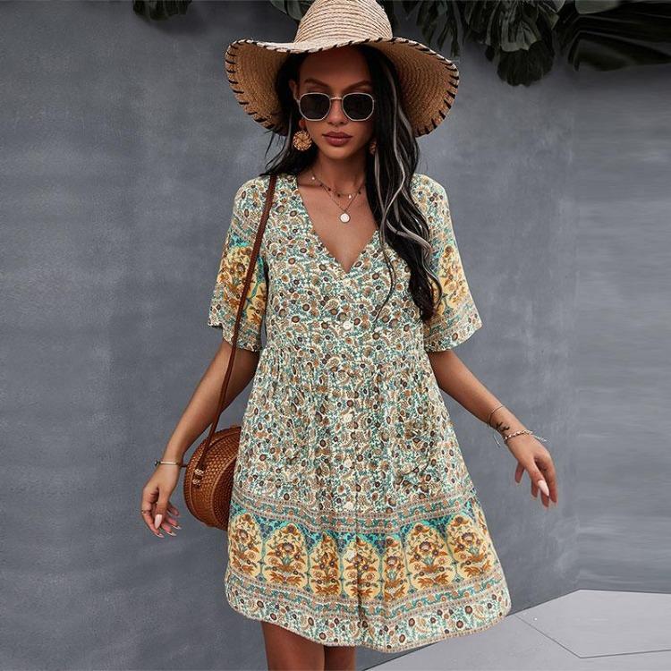 Bohemian Women Short Sleeve Print Casual Sexy Dress V Neck Spring Summer Beige Green Navy Blue S M L XL