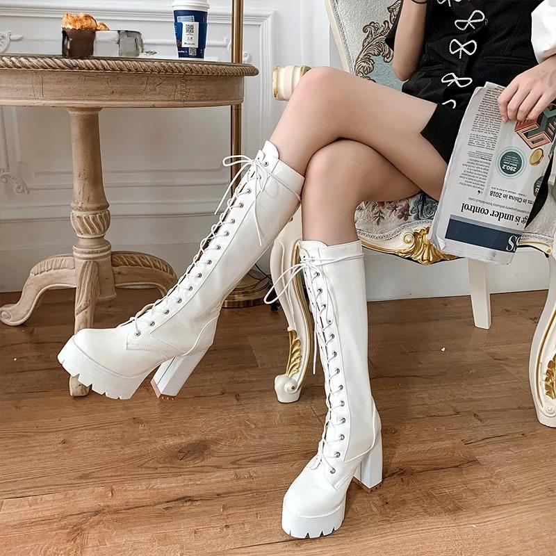 Fashion Patent Leather White Knee High Boots Lace Up Ladies Platform Boots High Heels Fashion Nightclub Patry Shoes Wholesale