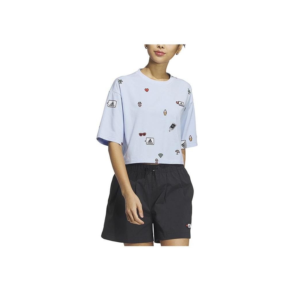 Adidas Koszulka damska z krótkim rękawem i okrągłym dekoltem z nadrukiem kreskówkowym, niebieska HY2845