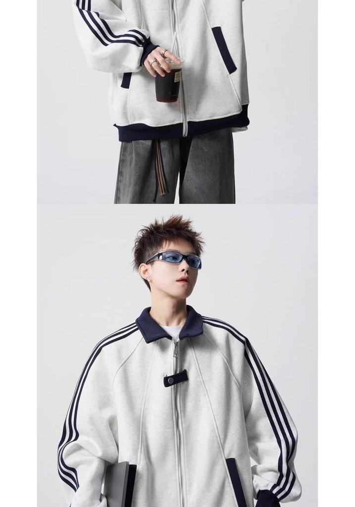 Unisex American Color Block Striped Hoodie, Heavyweight Baseball Jacket-Style Cardigan for Spring/Autumn