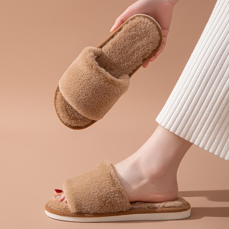 Womens Plush Slippers Open Toe Fluffy House Shoes Winter Warm Cozy Home Footwear Soft Faux Fur Indoor Slides