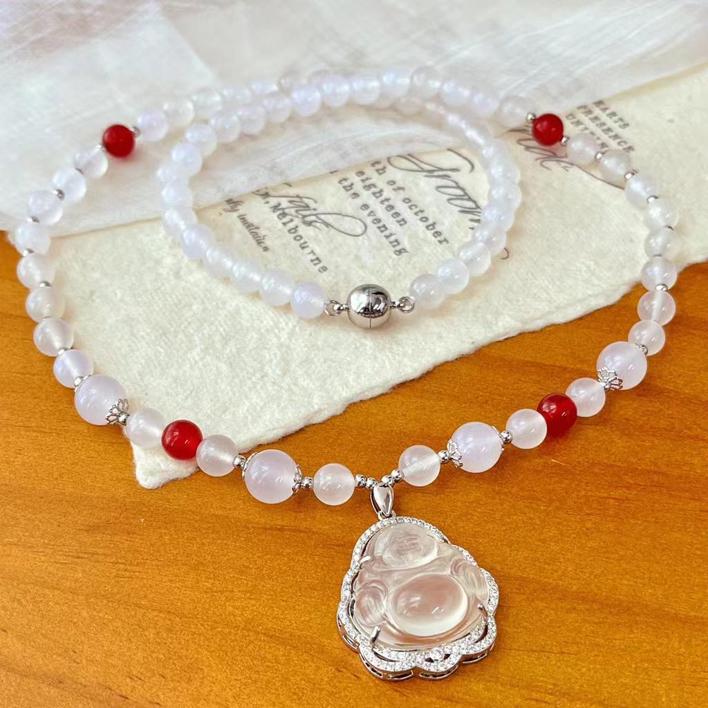 Retro High Quality Natural Chalcedony Set Chain Necklace Sweater Chain Buddha Gong Pendant Collarbone Chain