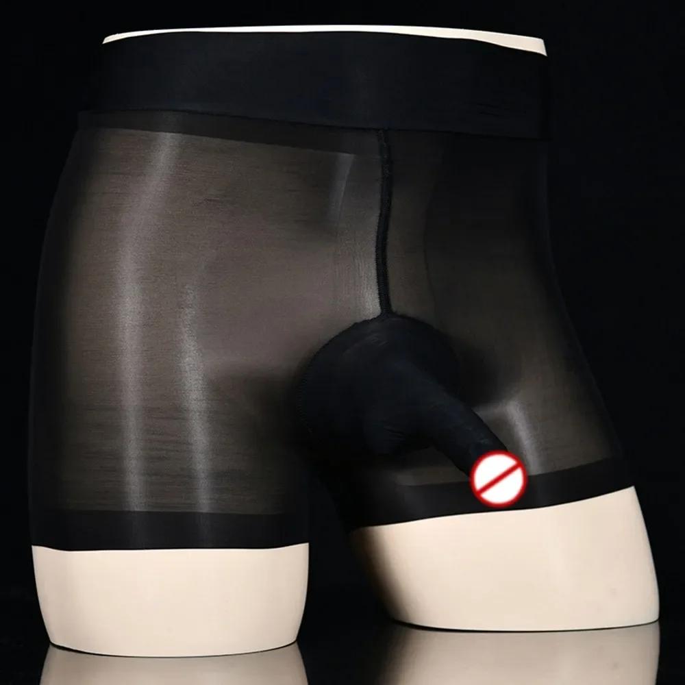 Oil Shiny Glossy Sheath JJ Open/ Close Boxer Brief Men See Through Underwear Long Penis Pouch Short Gay Elephant Bulge Panties
