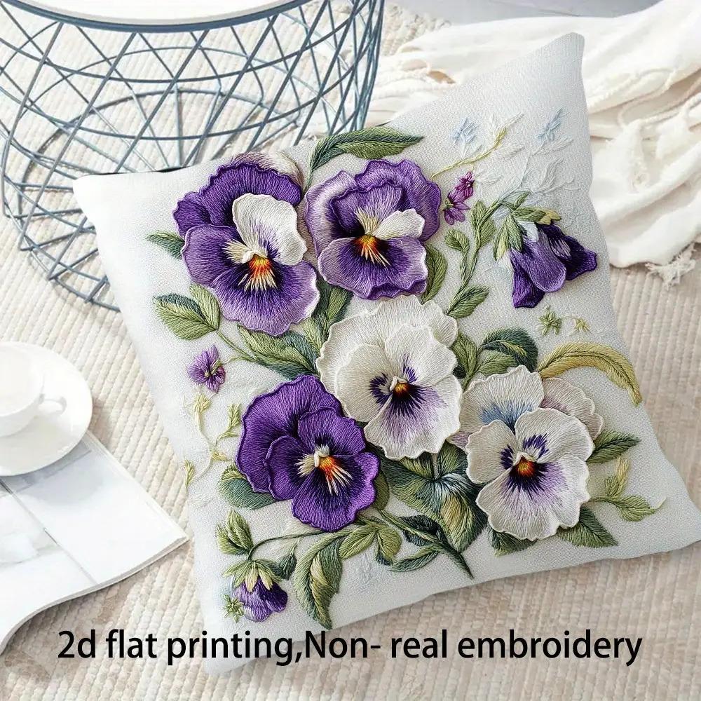 Purple Pansy Floral Pillow Cover 2D Faux Embroidery Print Vintage Botanical Flower Cushion Case For Sofa Bed Couch Elegant Home