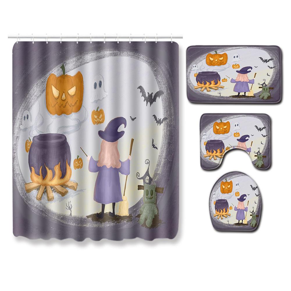 Halloween Shower Curtain Floor Mat Combination Four-Piece Set Bathroom Toilet Carpet Shower Room Foot Mat