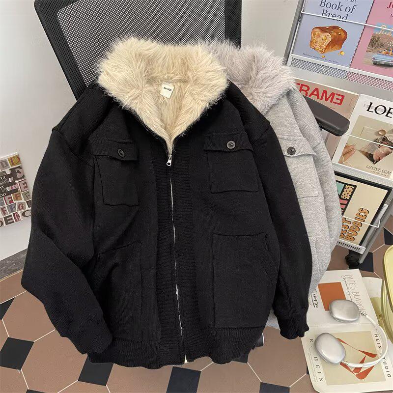 2026 Höst/Vinter Herrarbetsklädesstil Ståkrage Blixtlås Cardigan med Pälskrage