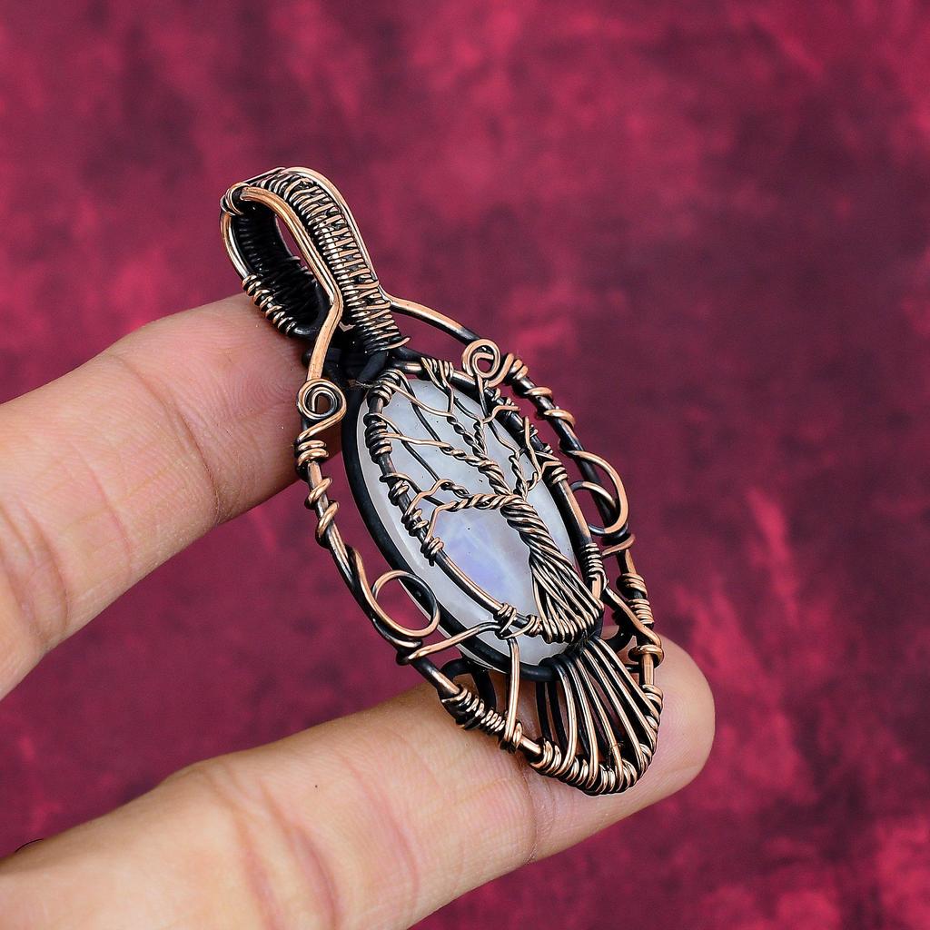 Tree Of Life Rainbow Moonstone Pendant Copper Wire Wrapped Gemstone Jewelry