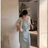 Wind floral suspender dress summer new temperament vacation style waist hip wrap medium and long dress women's tide