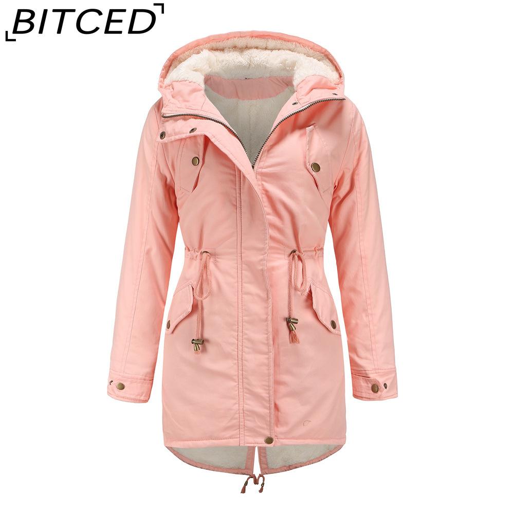 BITCED Autumn/Winter Women's Cotton Coat Solid-Colour Hooded Parka Thick Cotton Coat with Fleece Lining