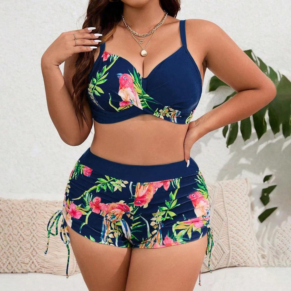 Plus Size European & American Split Bikini Set - New Printed Style with Large Bust Support