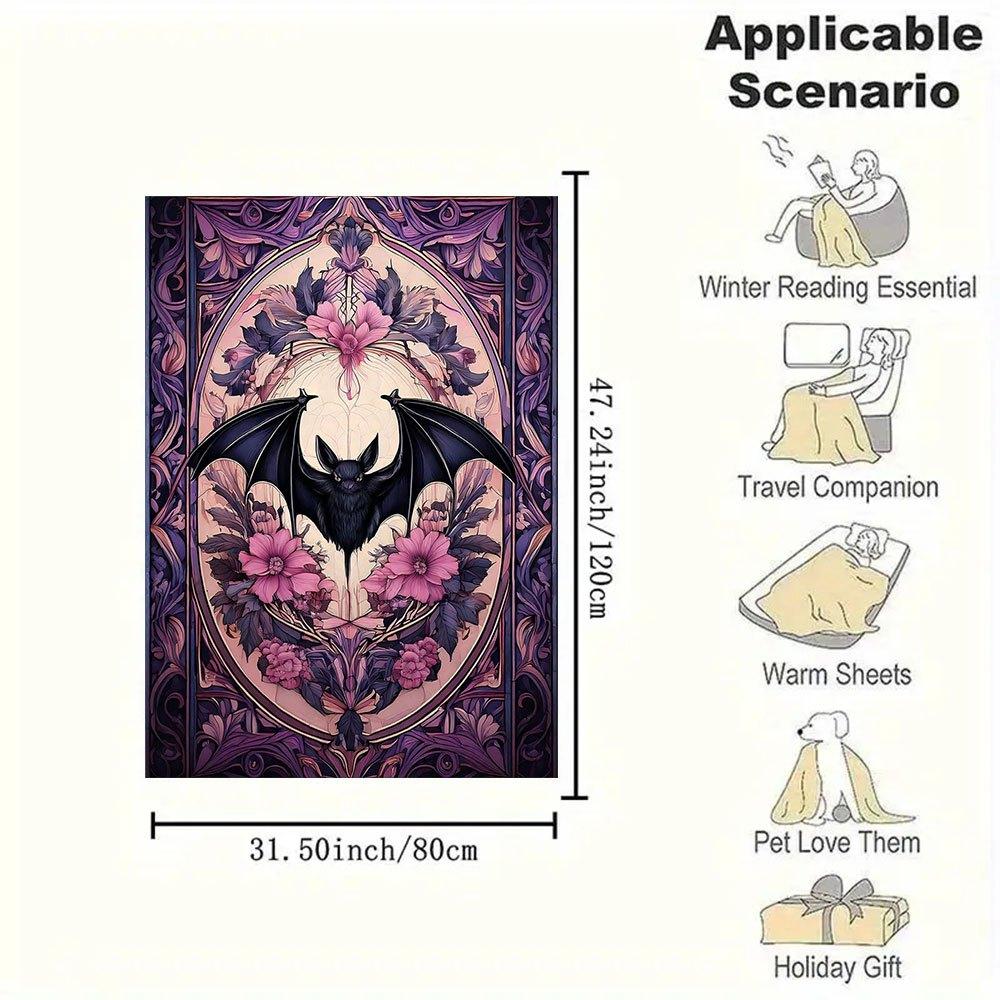 Gothic Bat & Floral Stained Glass Wall Art PrintBlanket Flannel Throw Blanket for Sofa, Bed, Travel, Camping, Office, Couch, Chair, And Bed