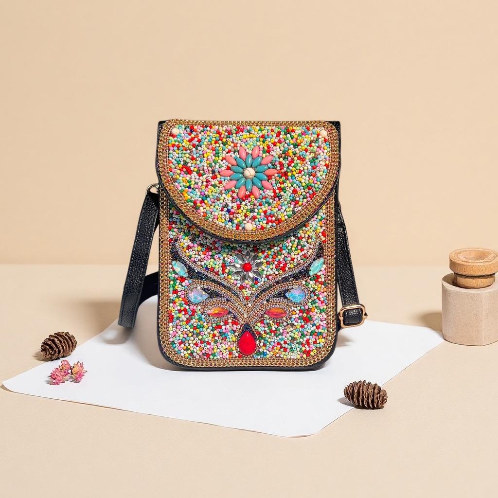 Women's Small Crossbody Cell Phone Bag Boho-Style Colorful Beaded Purse Wallet with Handmade Patterns Lightweight Cell Phone Shoulder Bag for Women