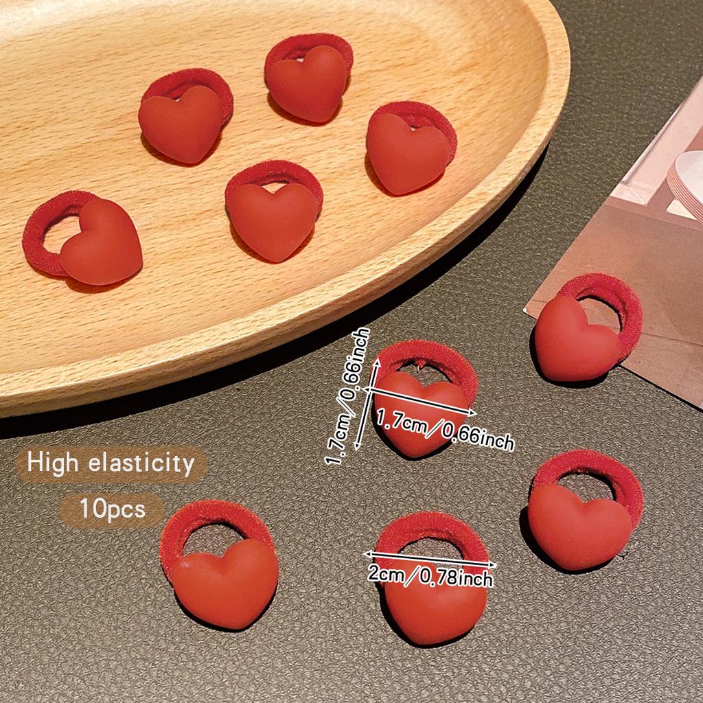 10 Red Heart-shaped Hair Rings with Sweet and Stylish Rubber Bands Suitable for Daily Use As Hair Accessories