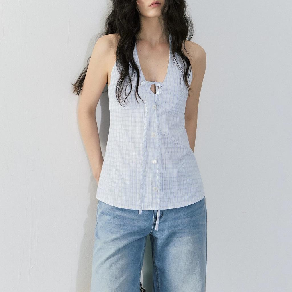 AFFFREEDOM Slack Summer Ice Blue V-Neck Lace-Up Checkered Sleeveless Vest Top Short Skirt Set Women