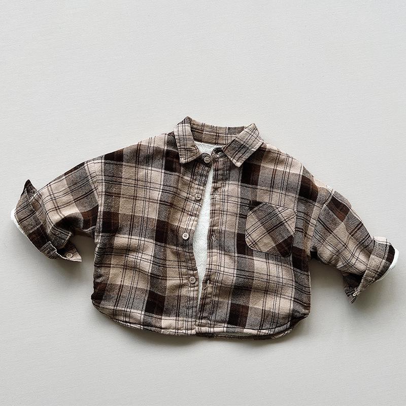 

Детская бархатная клетчатая рубашка 2024: Толстый зимний топ в стиле ретро для мальчиков и девочек 120 cm хаки