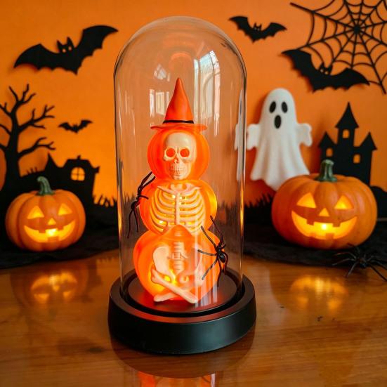 Yousheng Halloween Decoration, Lighted Skeleton in Clear Dome Cloche with Warm Glow, Battery Operated Skull Lamp with Witch Hat for Tabletop Mantel