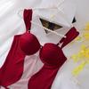 Set lenjerie intimă de damă 3 piese Sexy Push Up Sutien Plasă franceză Respirabil Topuri tip sling Burgundy Lenjerie intimă Sutiene și tanga cu bretele pe picior