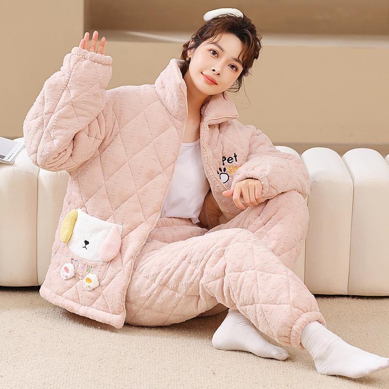Coral Velvet Three-layer Padded Padded Jacket and Pyjamas for Women Winter Flannel Home Suit with Extra Thick Warm Zipper and Velvet