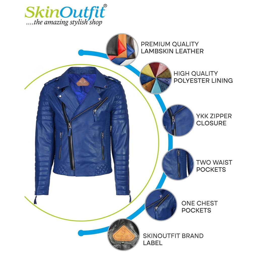 SKINOUTFIT Men Motorcycle Leather Jacket Genuine Royal Blue Lambskin Café Racer Biker Outerwear