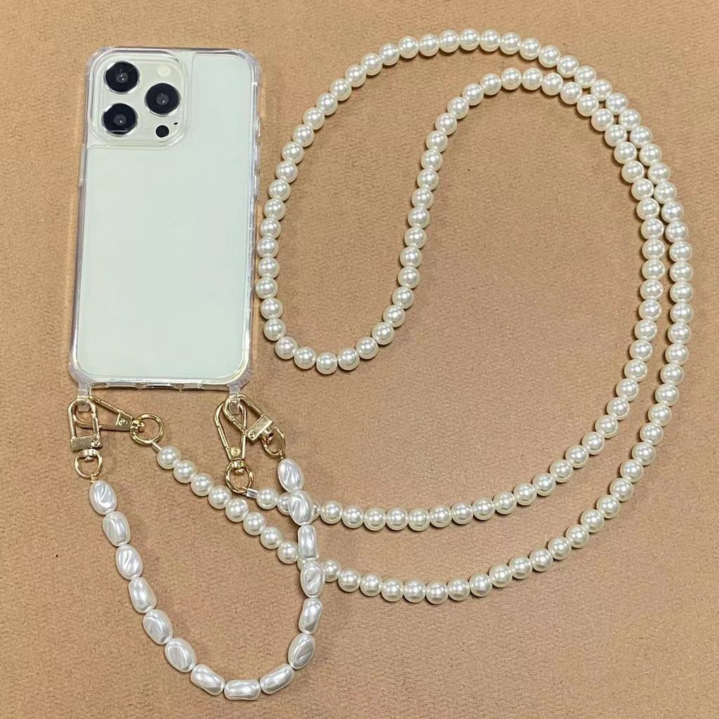 Luxury Fashion Long Pearl Bracelet Chain Transparent Shockproof Waterproof Crossbody Lanyard Phone Case for 11-17 Pro Max