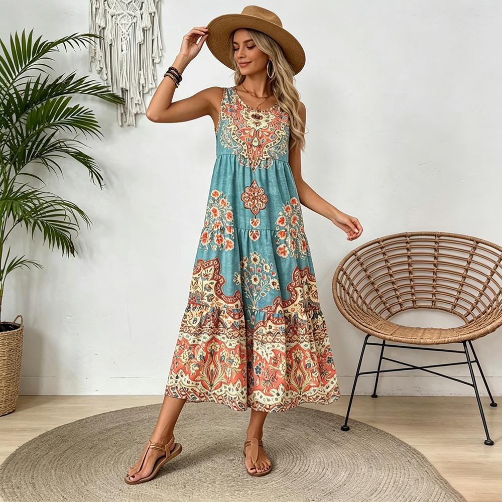Women's Vintage Floral Print Tiered Midi Dress, Sleeveless Loose Bohemian Beach Dress