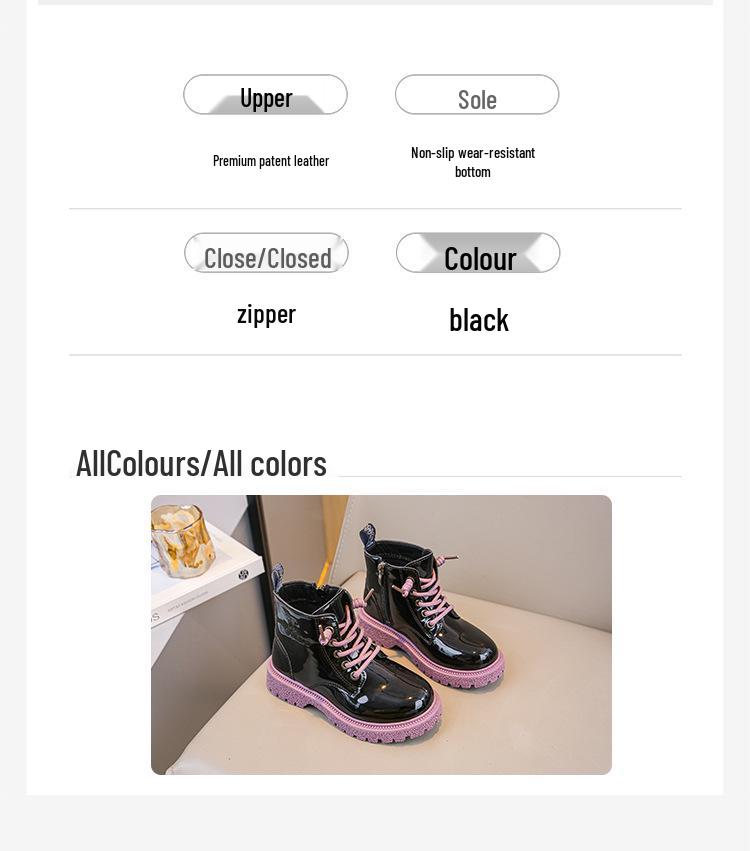 Girls' Patent Leather Ankle Boots - Autumn/Winter Plus Velvet, Zipper Design, Sequin Accents, Suitable for Middle To Big Kids and Babies