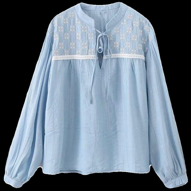 Western Style 2024 Spring and Summer New Women Clothes Slimming Versatile Embroidered Round Neck Long Sleeve Shirts 2298072 403