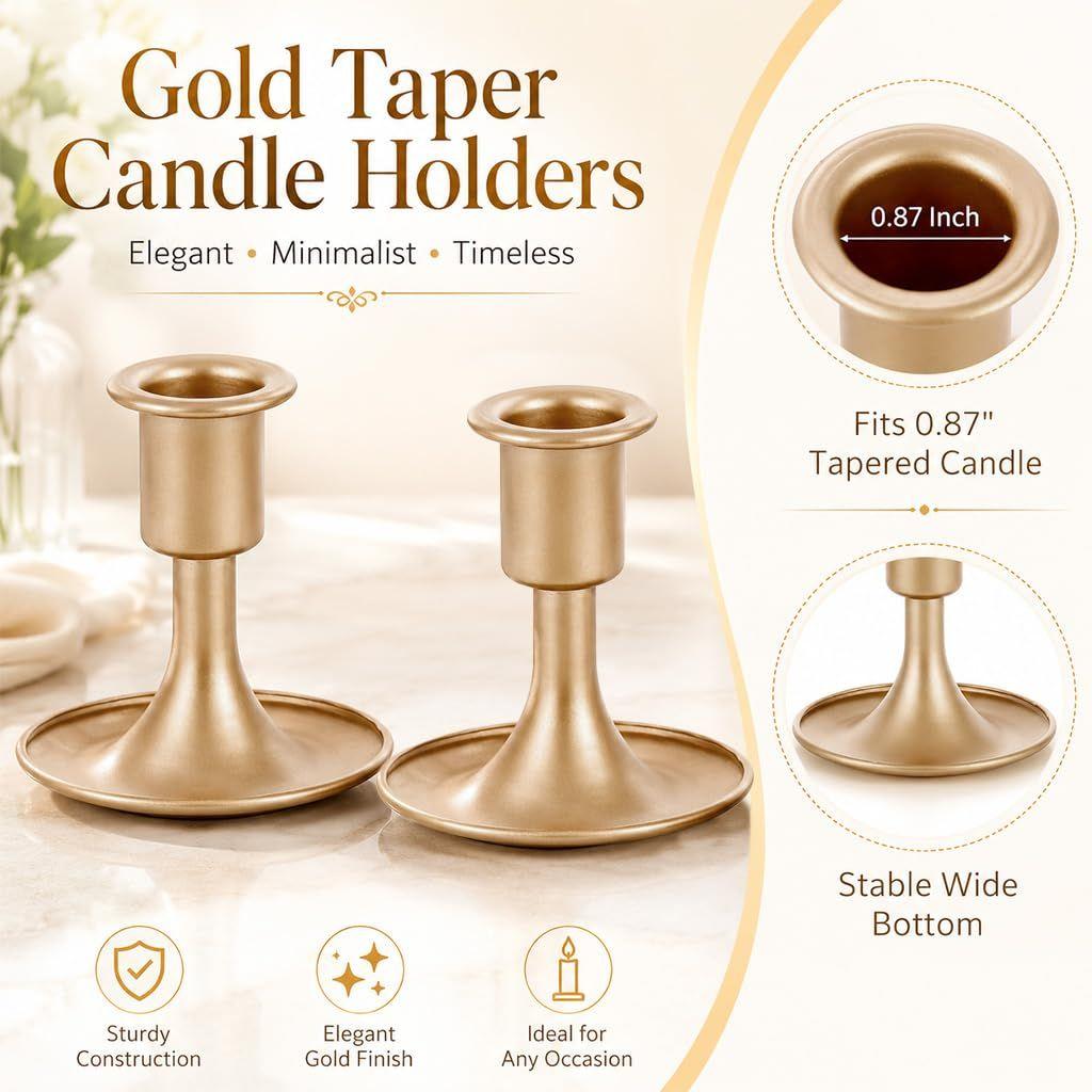 Taper Candleholder Stand Gold Metal Wide Base Mantel Display Holds Taper Candles, Wide Base Helps Reduce Tipping, Gold Metal, Table and Mantel Display