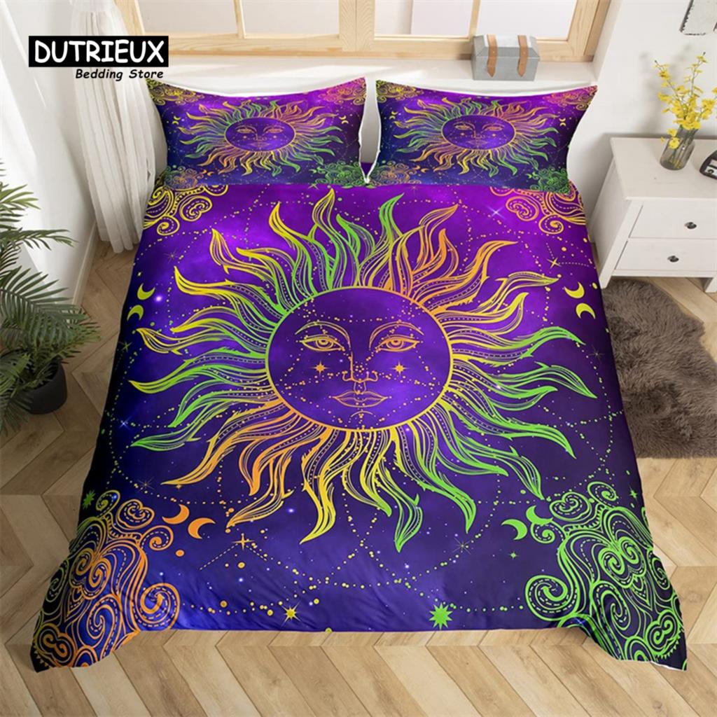 Comforter Sun And Moon King Queen Starry Sky Galaxy Trippy Bedding Set For Kids Adults Microfiber Boho Geometric