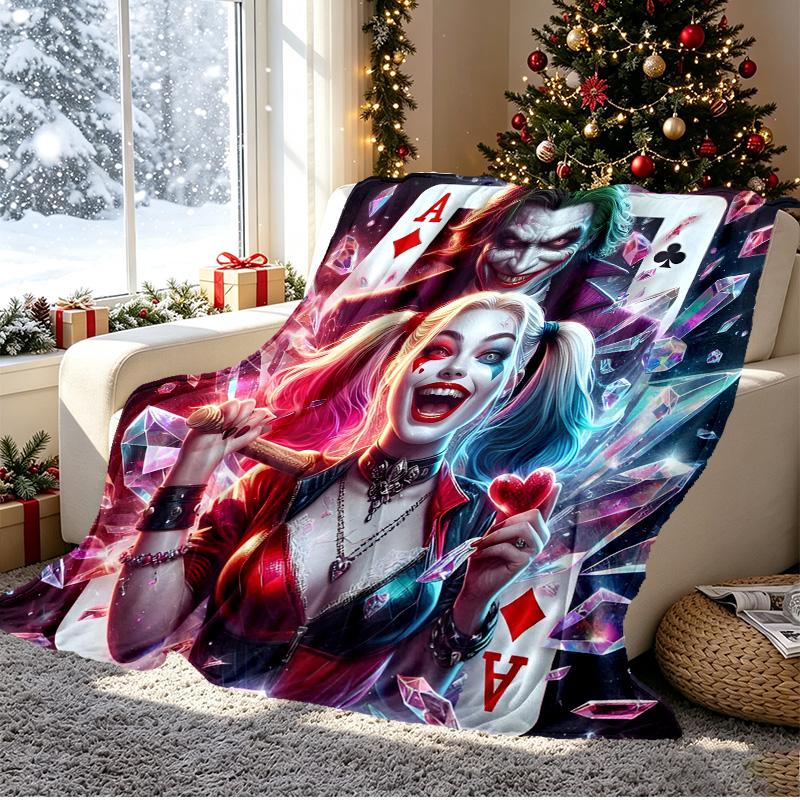 Harley Quinn Joker Pattern Blanket for Home Decoration, Bed, Sofa, Car Travel, Camping, Suitable for All Seasons, Birthday Christmas Gift