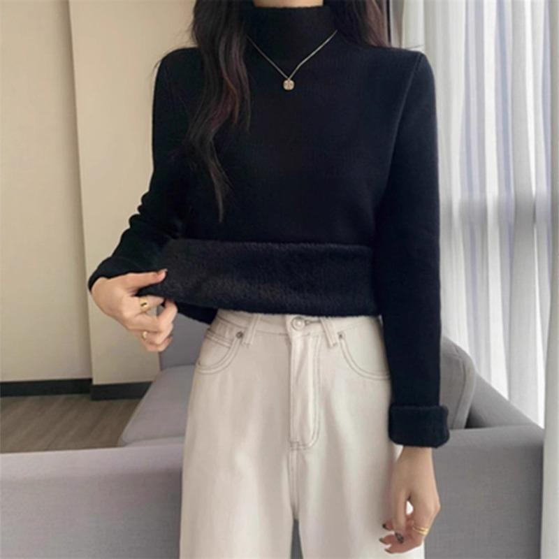 Pullover Autumn and Winter Sweater Women's Fleece Thickened Integrated Fleece with Semi-turtleneck Pullover Bottoming Knitted Sweater Thermal Top