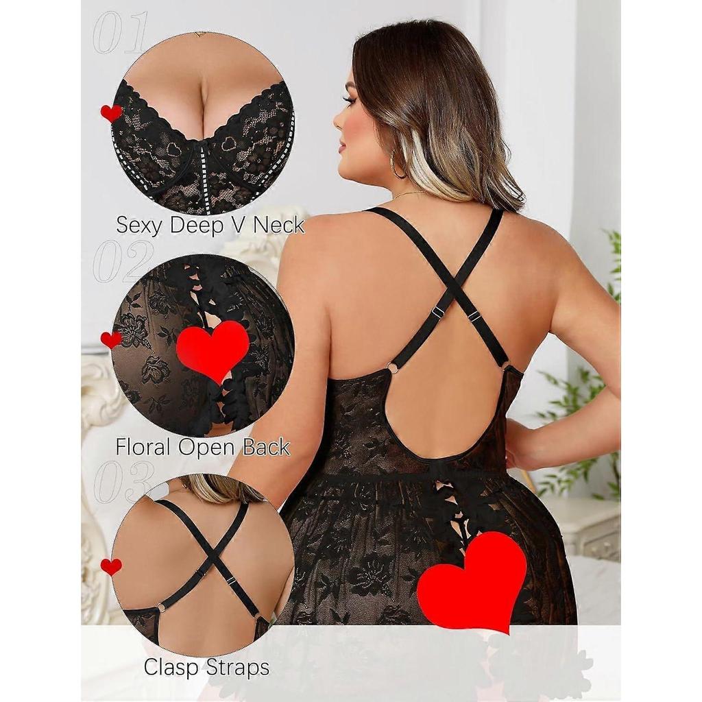 Plus Size Lingerie for Women Open Back Sexy Lingerie Dress Floral Lace Babydoll