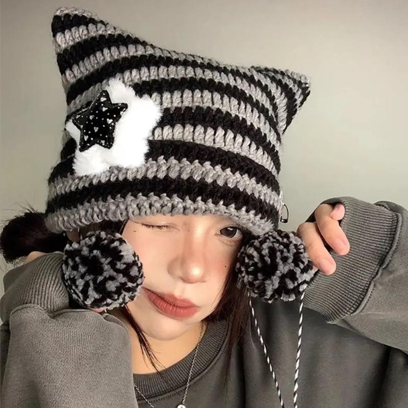 Y2K Beanie Hat Ins Devil Ear Striped Knitted Cap Autumn Winter Hip-hop Cute Cat Ears Pointed Pullover Women's Hats