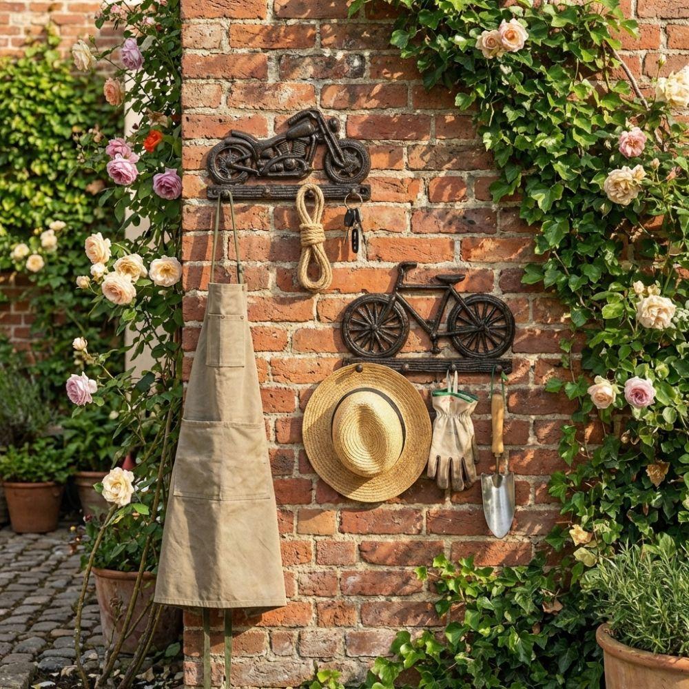 Retro Bicycle Cast Iron Hooks Rust-Proof Space-Saving Wall Mount Key Holder Rustic with 4 Hooks Tool Storage Rack Entryway