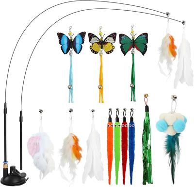 15pcs Cat Toys Feathers Wand Interactive Toy Kitten Toys with Super Suction Cup Replacement Feather Bug Butterfly Worm with Bell