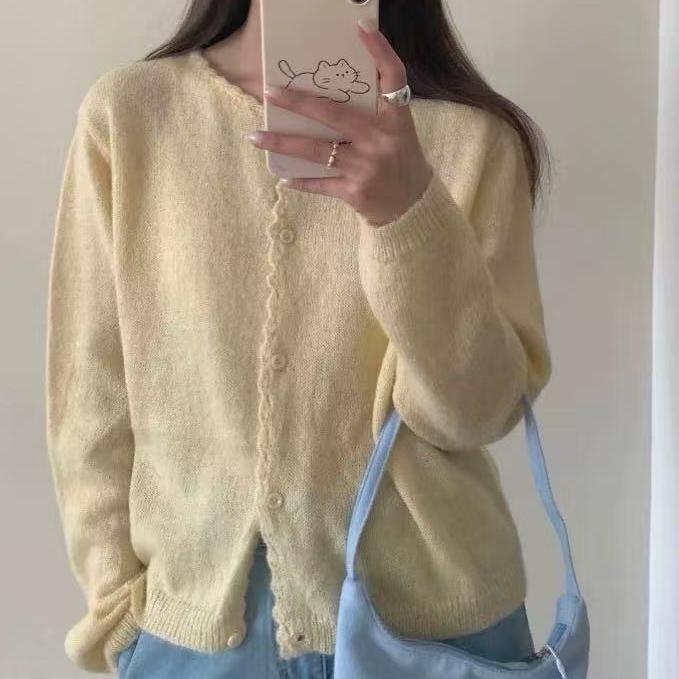 Gentle apple green lace knitted cardigan women's thin girl spring and autumn sweet small fresh top