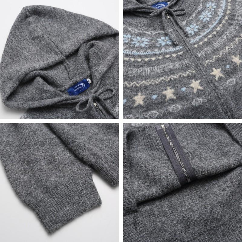 Hooded Knit Cardigan Star Jacquard Loose Fit Teens Couples Daily Wear