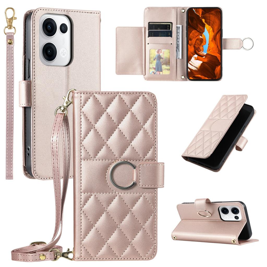 Pro Oppo Reno13 5G (Globální) Kožené pouzdro crossbody s prstenem, přezkou, peněženkou, stojánkem, kosočtvercový kryt na mobil