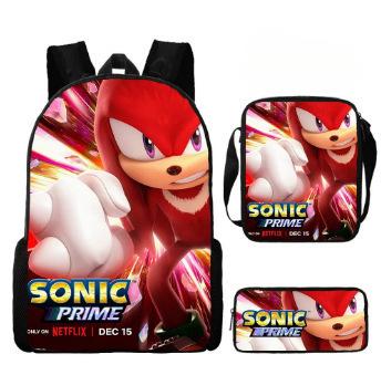 Cartoon Sonic Backpack, Primary And Secondary School Schoolbag, Messenger Bag, Pencil Case Three-Piece Set