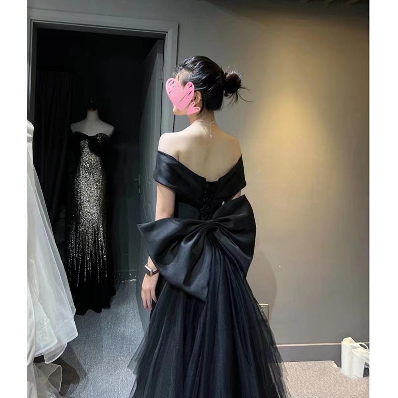 Black Evening Dress Skirt Women's 1011 New One-word Shoulder High-end Dinner Light Luxury Niche Fishtail Skirt Haute Couture