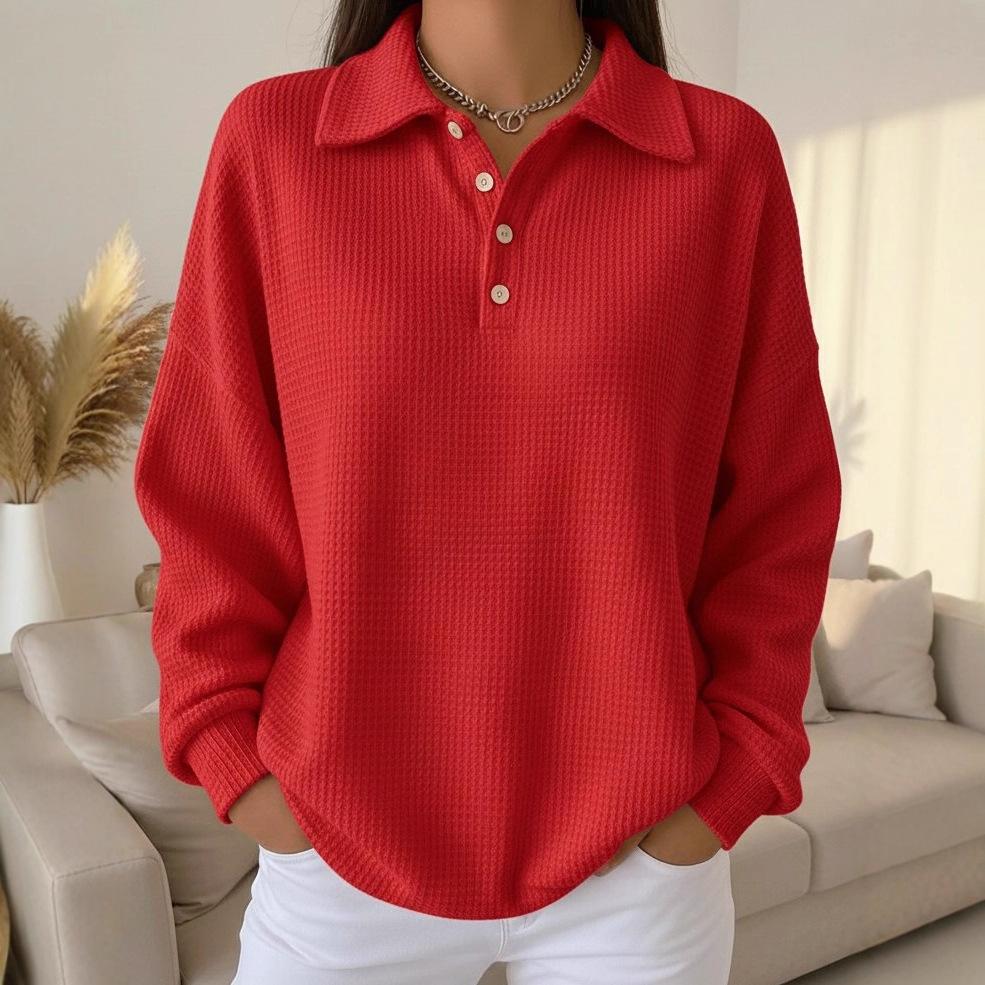 2025 Autumn and Winter New Loose Solid Color Lapel Versatile Polo Shirt Waffle Long-sleeved Women's Top