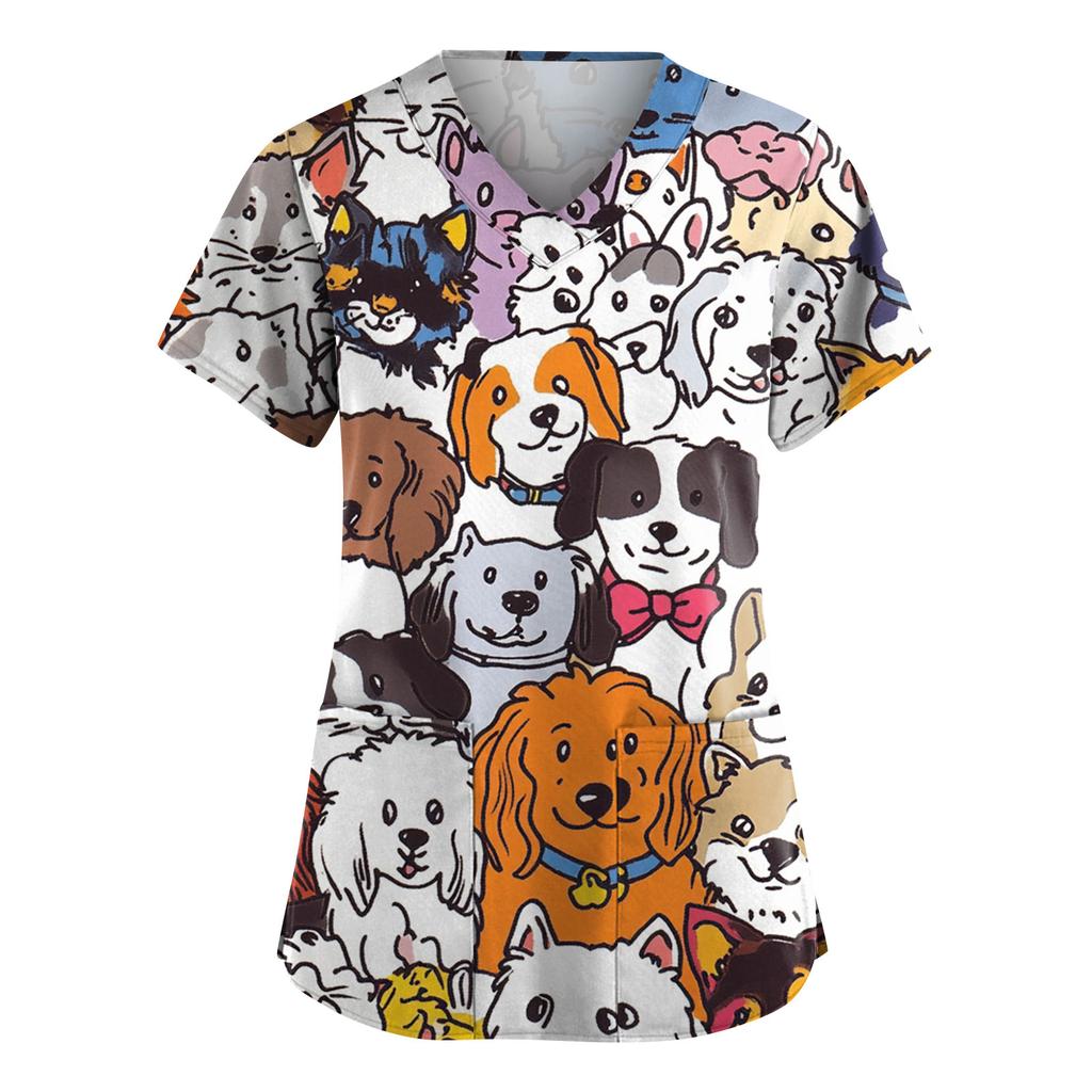 Women's Fashion Short Sleeve Cute Animal Printed V-Neck Pocket Workwear Tops